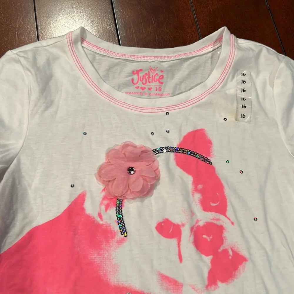 NWT Justice Pink White Bulldog Almost Too Cute Long Sleeve Top Size 16 - Picture 5 of 13